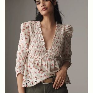 - NWT By Anthropologie Ruched-Sleeve Smocked Blouse- XS